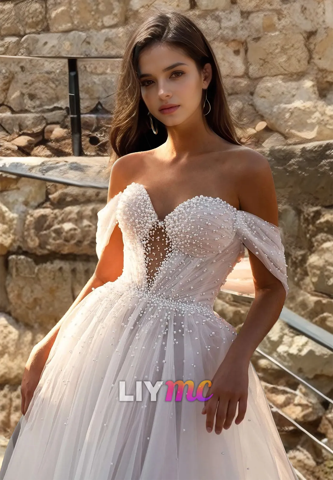 Sweetheart Sleeveless Tulle Pearl Beaded Ball Gown A-Line Wedding Dress
