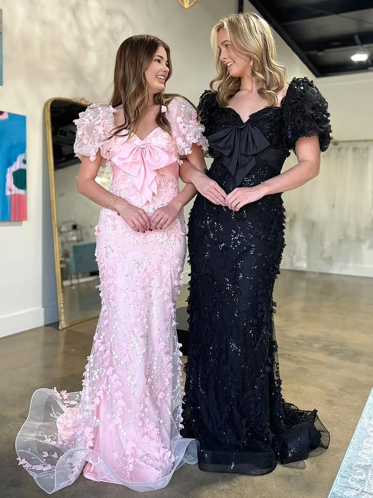 Tullia | Mermaid Black Short Sleeves Appliques Lace Prom Dress With Bow