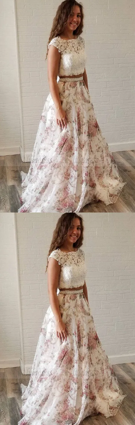 Unique Two Piece White Lace and Floral Print Long Party Dress