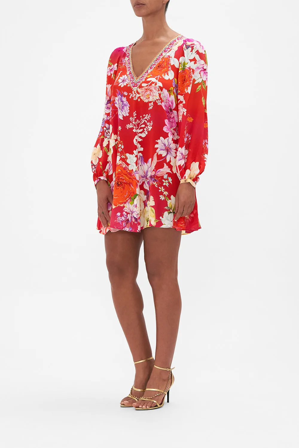 V NECK BLOUSON SLEEVE DRESS KISS AND TELL