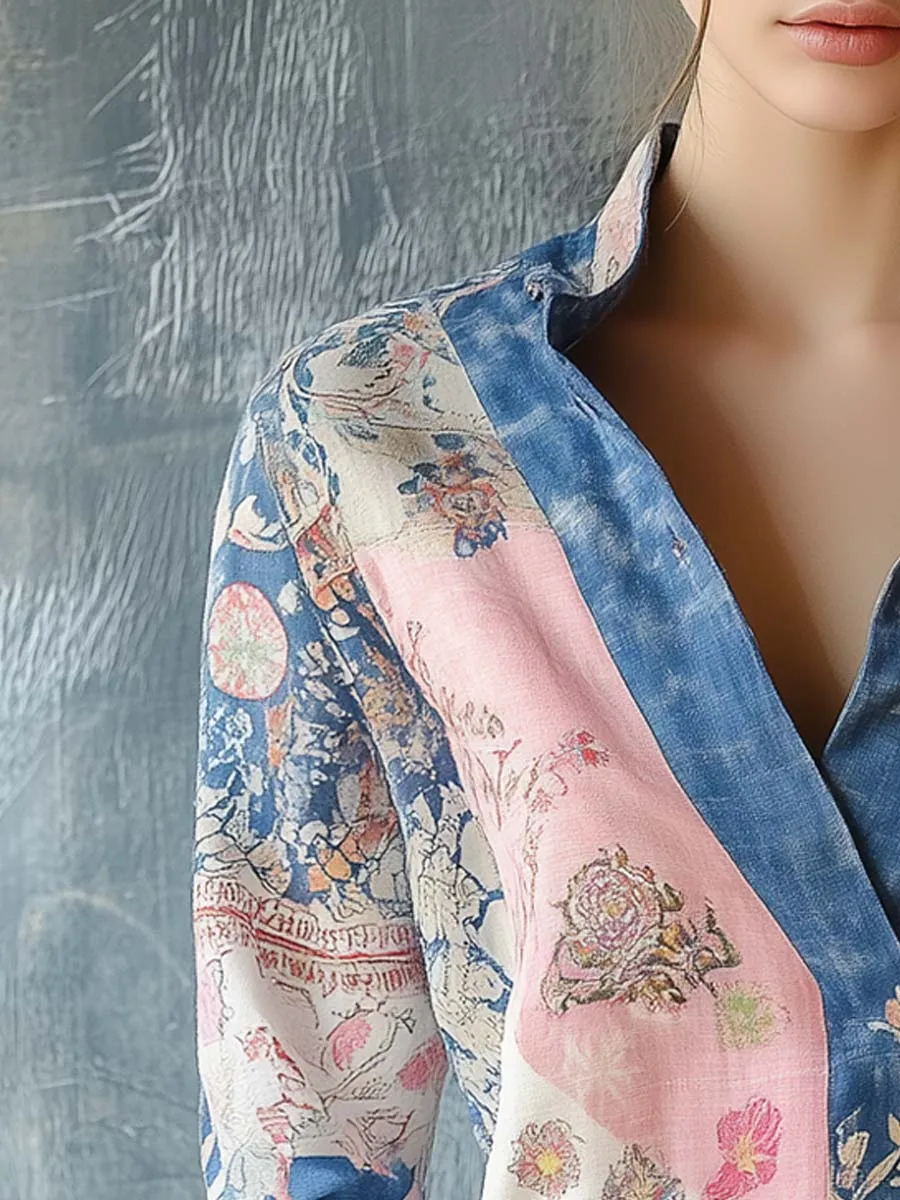 V-Neck Floral Print Patchwork Cotton Linen Shirt