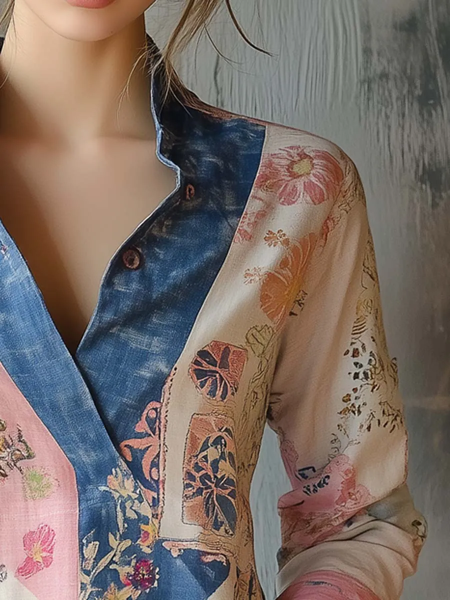 V-Neck Floral Print Patchwork Cotton Linen Shirt