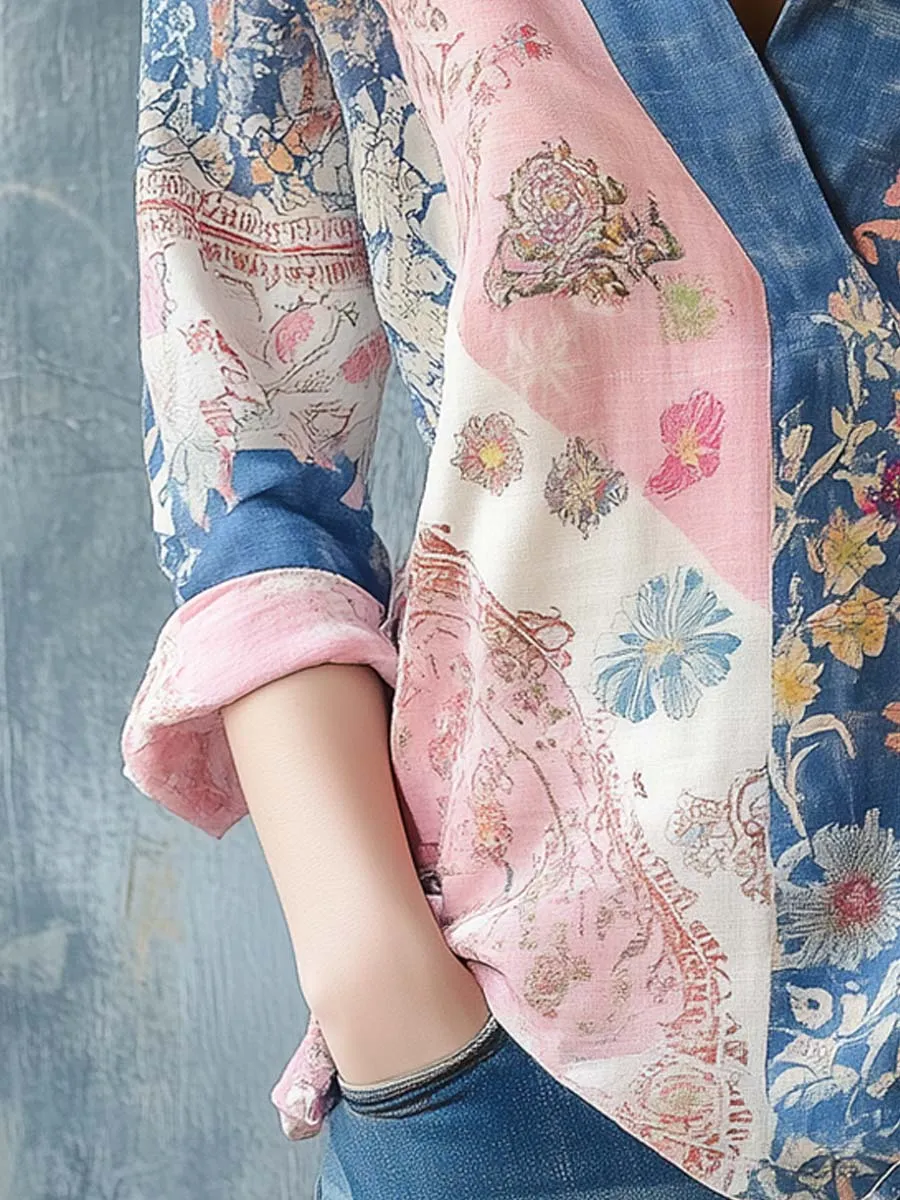 V-Neck Floral Print Patchwork Cotton Linen Shirt