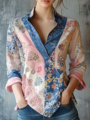 V-Neck Floral Print Patchwork Cotton Linen Shirt