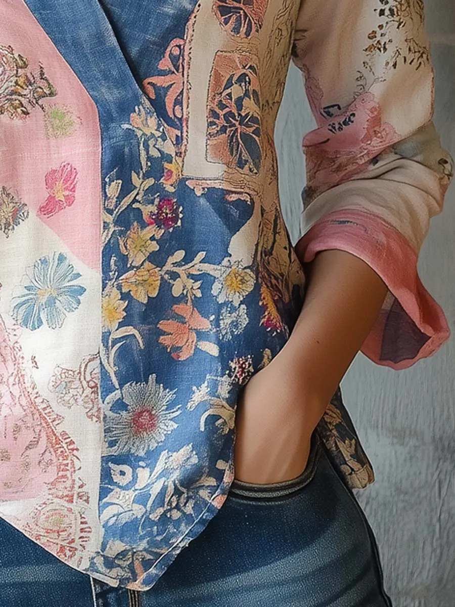 V-Neck Floral Print Patchwork Cotton Linen Shirt