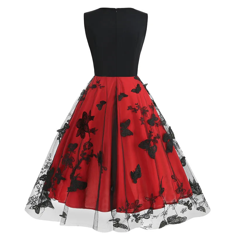 V-neck Sleeveless Mesh Butterfly Patchwork Retro Dress