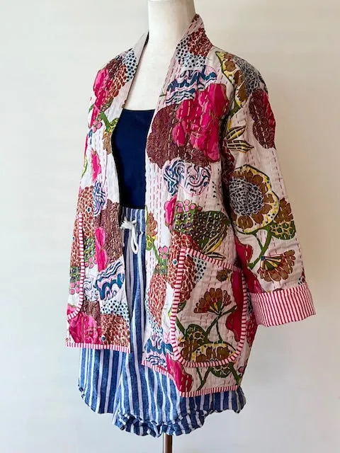 Vibrant Japanese Style Kantha Jacket, White