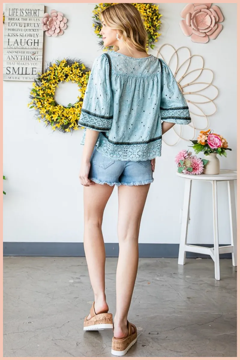 Washed Eyelet Lace Babydoll Top