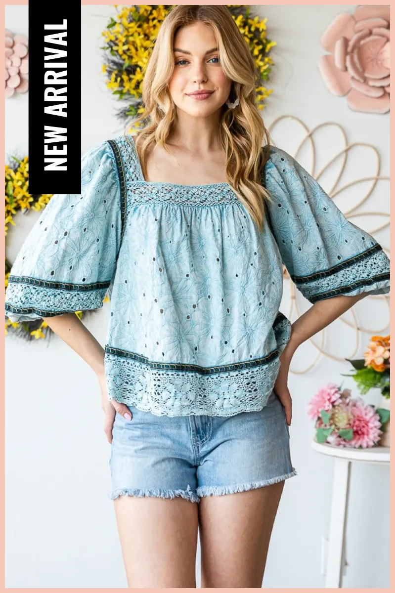 Washed Eyelet Lace Babydoll Top