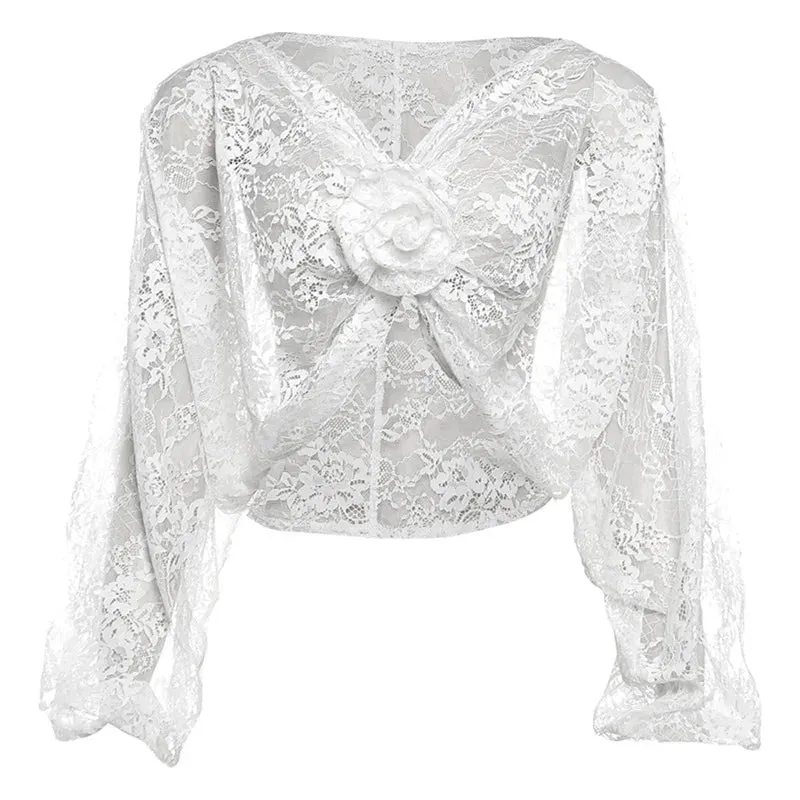 White Sheer Lace Knot Graceful Long Sleeve Crop Blouse