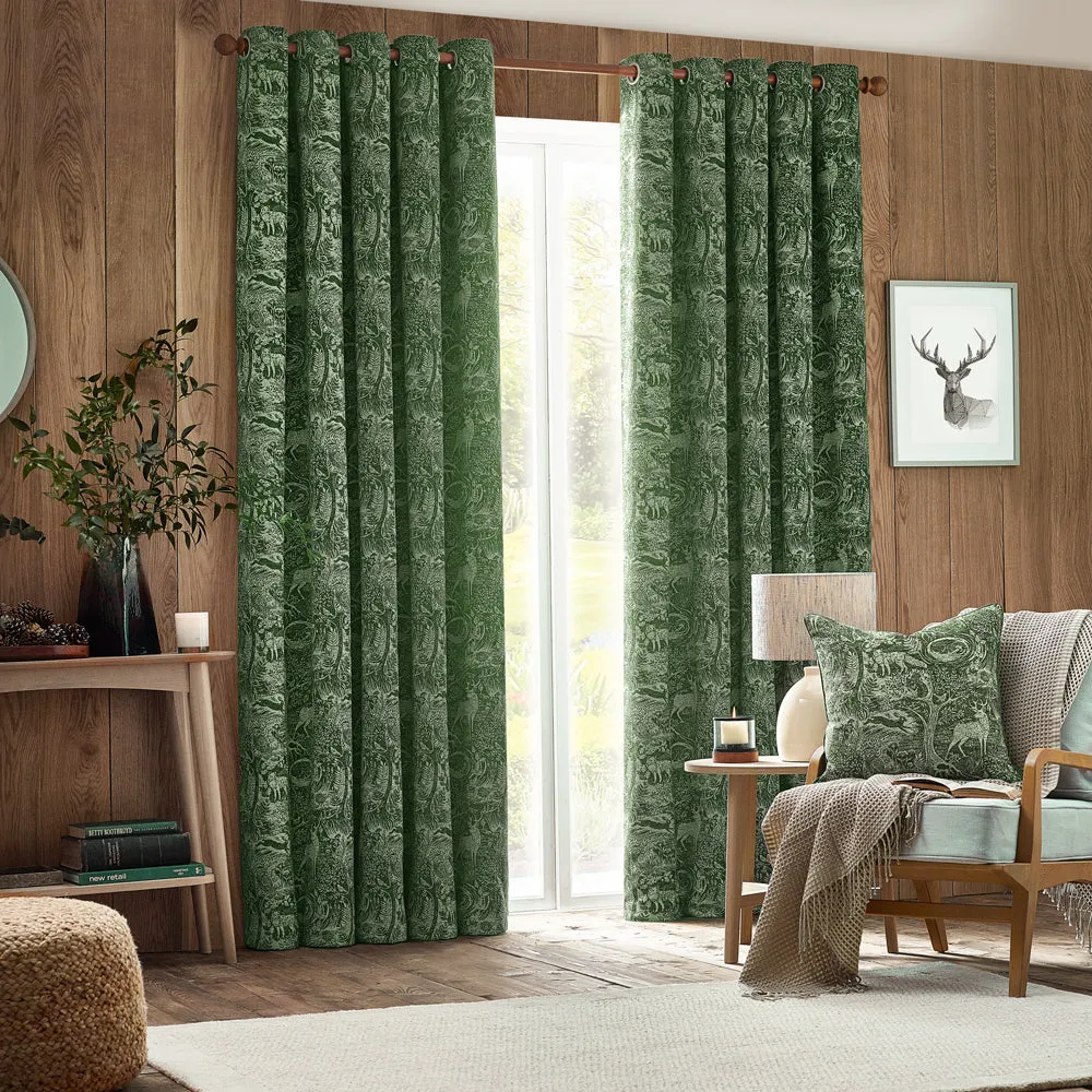 Winter Woods Animal Chenille Eyelet Curtains Emerald