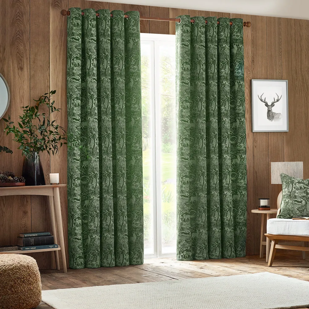 Winter Woods Animal Chenille Eyelet Curtains Emerald