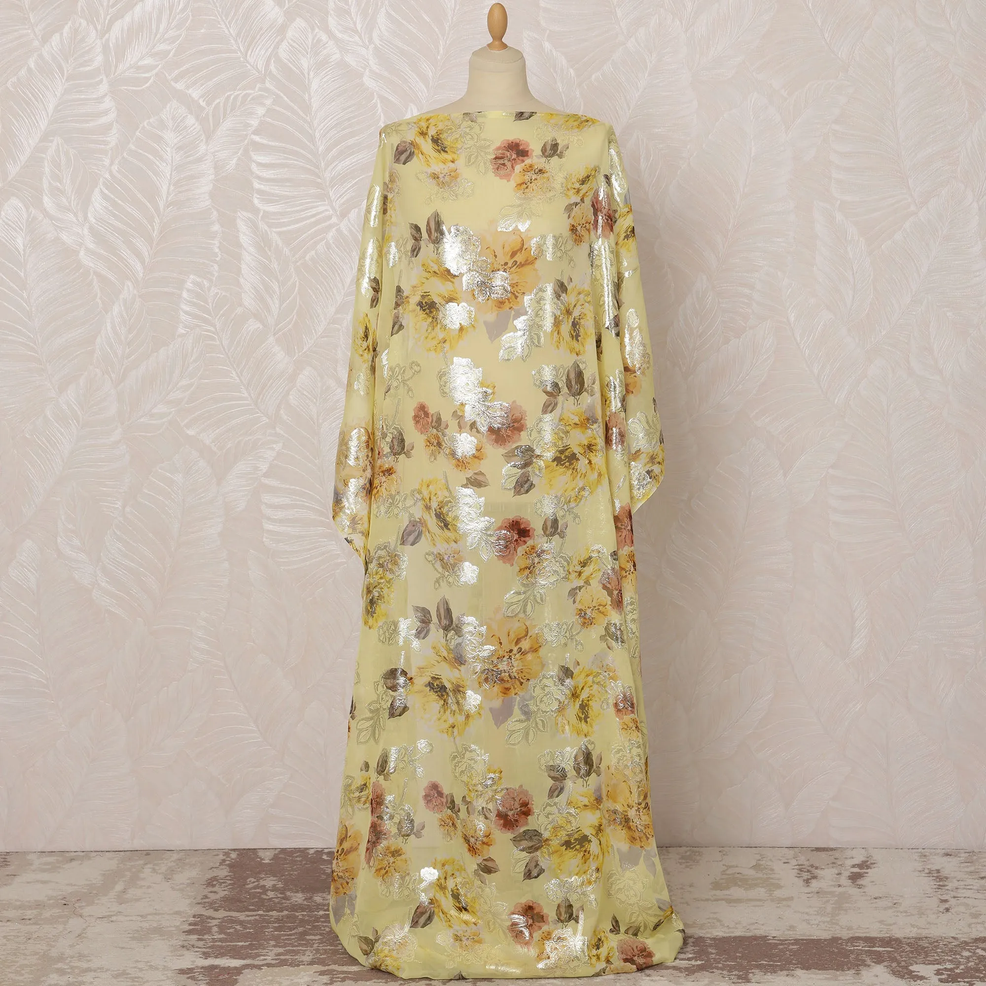 Yellow Somali Silk Chiffon Dirac Fabric with Floral Metallic Lurex, 3.5 Meters, 140 cm Width-D20864
