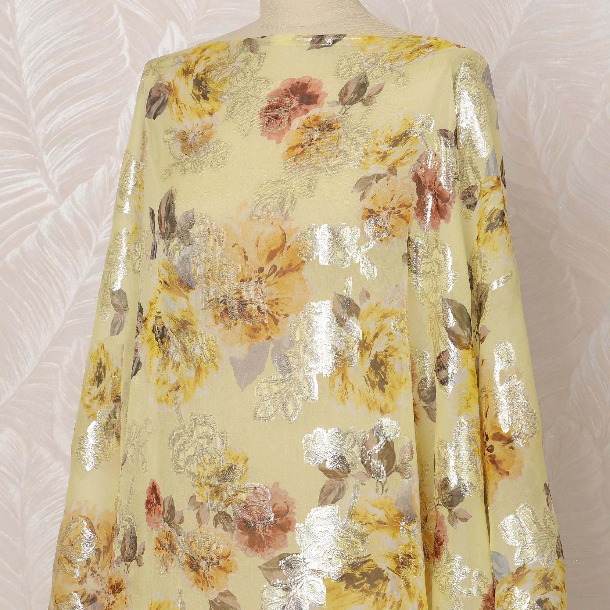 Yellow Somali Silk Chiffon Dirac Fabric with Floral Metallic Lurex, 3.5 Meters, 140 cm Width-D20864